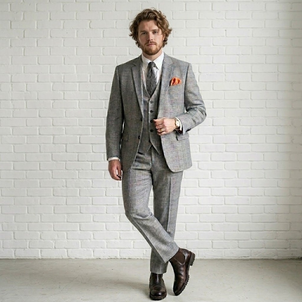 3 Piece Suit Mens 44 29W 28L Gray Plaid Orange Vest Jacket Trousers Wedding Grad